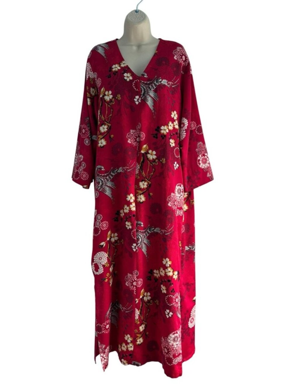 Natori Red Floral Crane Print Maxi Dress Kaftan V-Neck Long Sleeve Women Large